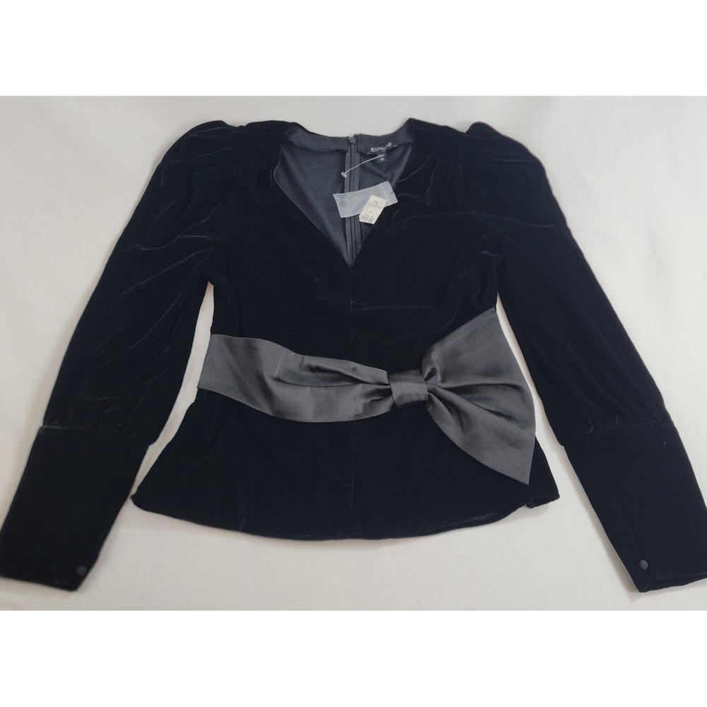 Express Black Velvet Bow Tie Blouse Womens XS Long Sleeve V-Neck Zip Top NEW